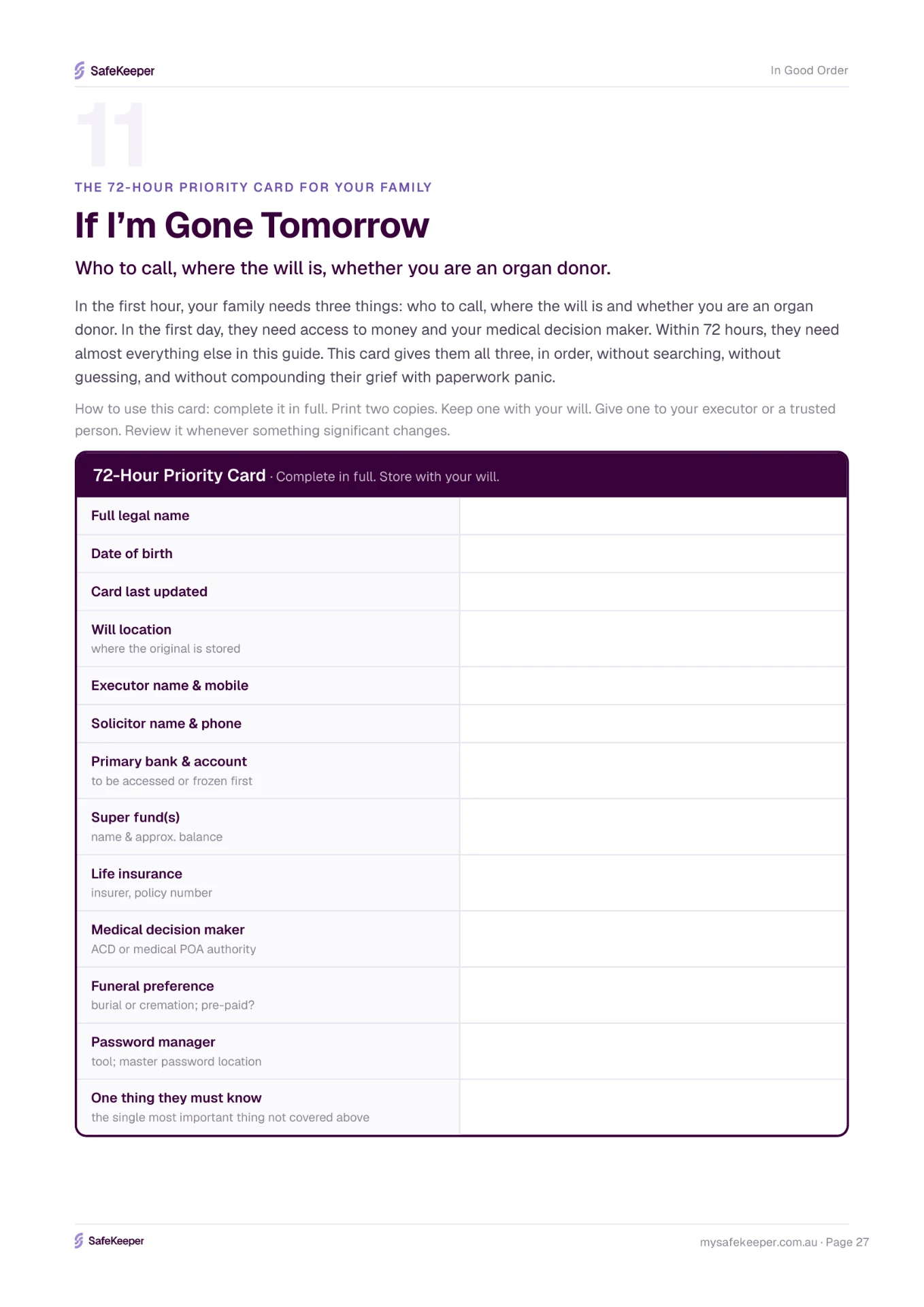 The 72-Hour Priority Card - a one-page form for your family's first three days